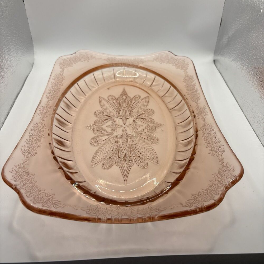 Vintage Jeannette Glass Co Pink Depression Glass Serving Platter ADAM Pattern